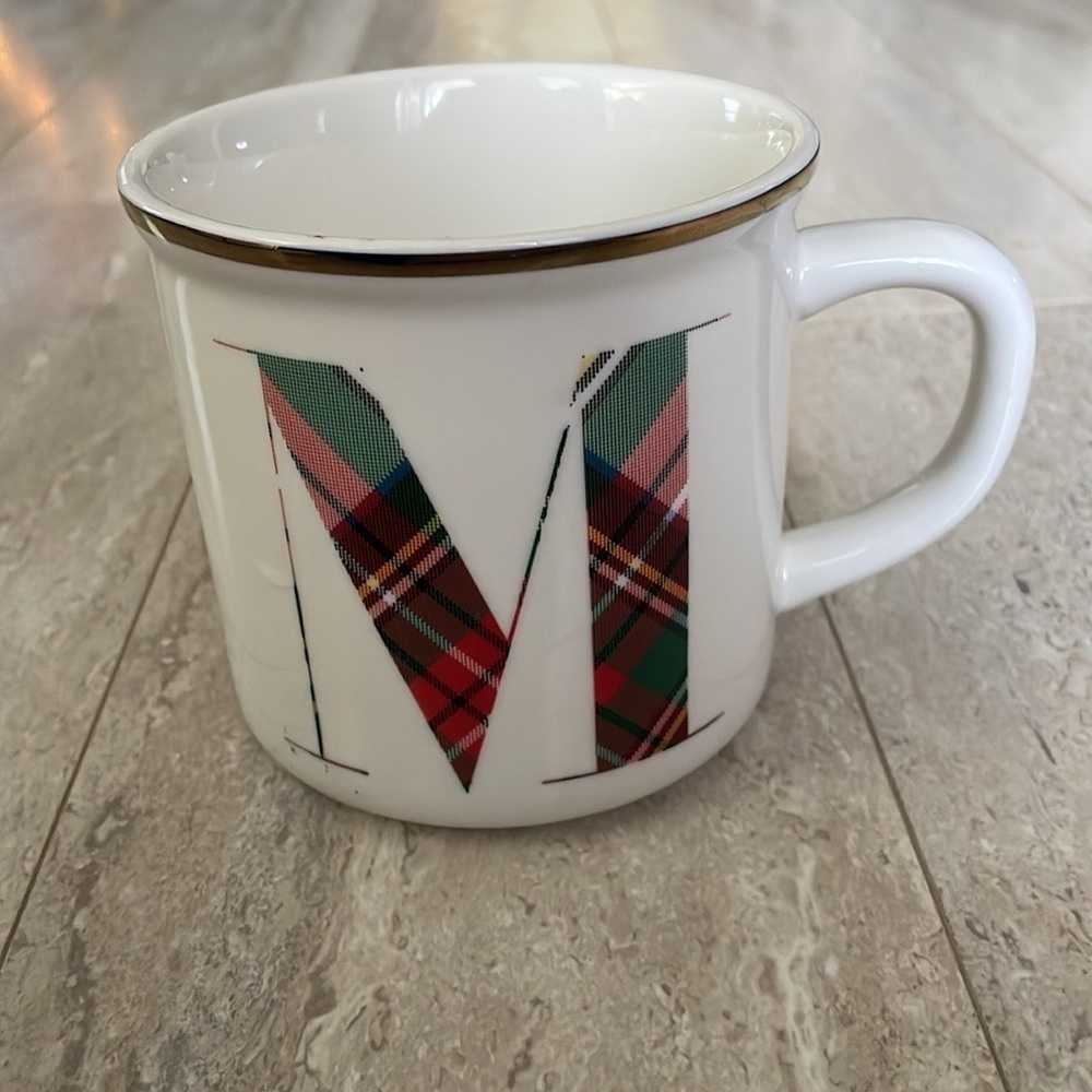 Pottery Barn Plaid Holiday "M" Coffee Mug Christmas Green Red White